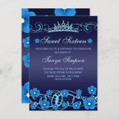 Blue Sweet16 Fleur & Tiara Invitation d'anniversai (Devant / Derrière)
