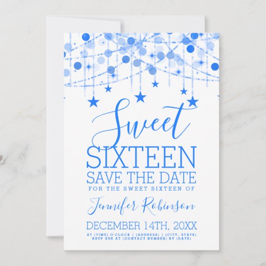 Blue Sweet 16 Sparkly String Lights Opslagdatum Save The Date (Voorkant)