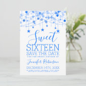 Blue Sweet 16 Sparkly String Lights Opslagdatum Save The Date (Staand voorkant)