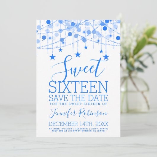 Blue Sweet 16 Sparkly String Lights Opslagdatum Save The Date (Staand voorkant)
