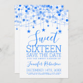 Blue Sweet 16 Sparkly String Lights Opslagdatum Save The Date (Voorkant / Achterkant)