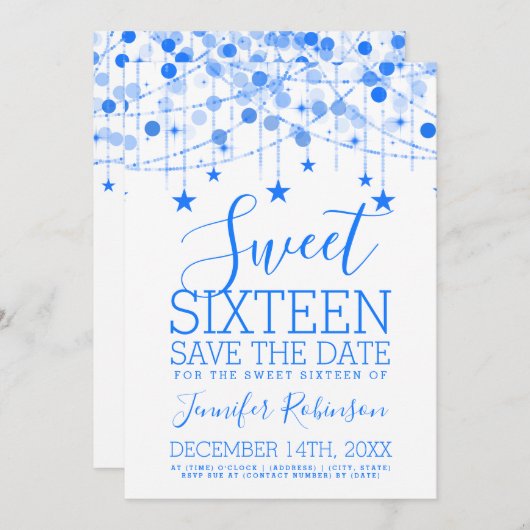 Blue Sweet 16 Sparkly String Lights Opslagdatum Save The Date (Voorkant / Achterkant)