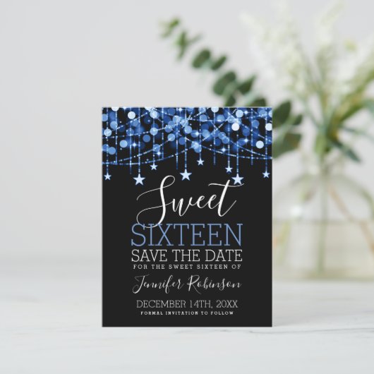Blue Sweet 16 Sparkly String Lights Opslagdatum Save The Date (Staand voorkant)