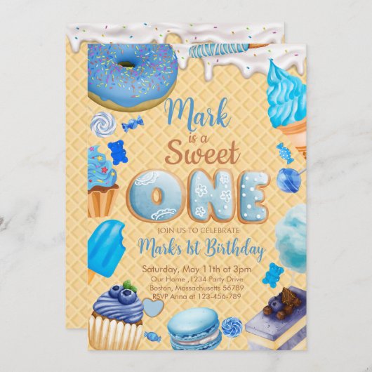Blue Sweet Un 1er anniversaire Invitation garçon (Devant / Derrière)