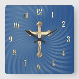 Blue Swirl Background Gold Cross Vierkante Klok