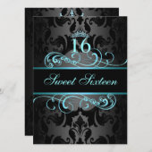 Blue Swirl Damask Sweet16 Invitation d'anniversair (Devant / Derrière)