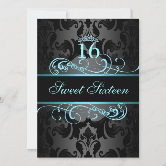 Blue Swirl Damask Sweet16 Invitation d'anniversair (Devant)