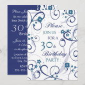 Blue Swirls 30th Birthday Party Invitation Card (Devant / Derrière)