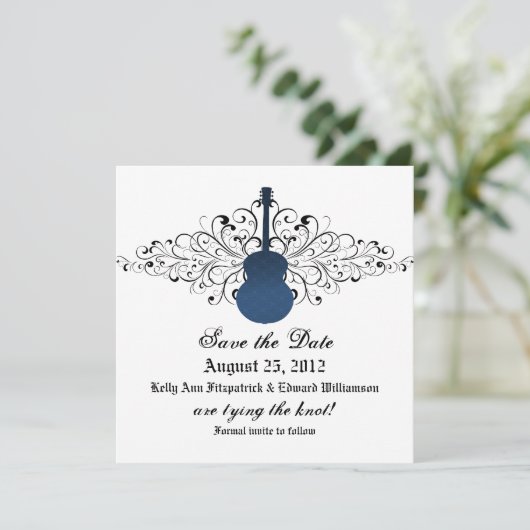 Blue Swirls Guitar Enregistrer la date Invitation (Debout devant)