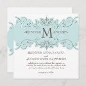 Blue Swirls Wedding Invitation with Monogram Kaart (Voorkant / Achterkant)
