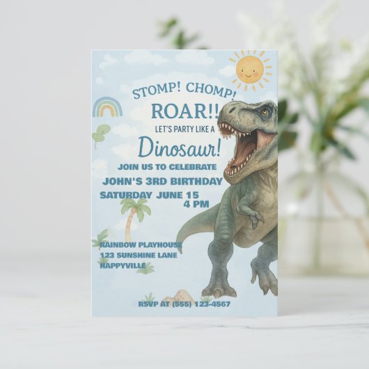 Blue T-Rex Dinosaur Invitation d'anniversaire (Debout devant)