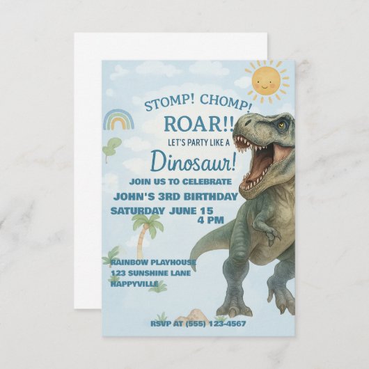 Blue T-Rex Dinosaur Invitation d'anniversaire (Devant / Derrière)