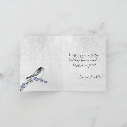 Blue Tail Bird on Icy Branch Merry Kerstmis Feestdagen Kaart (Binnen)
