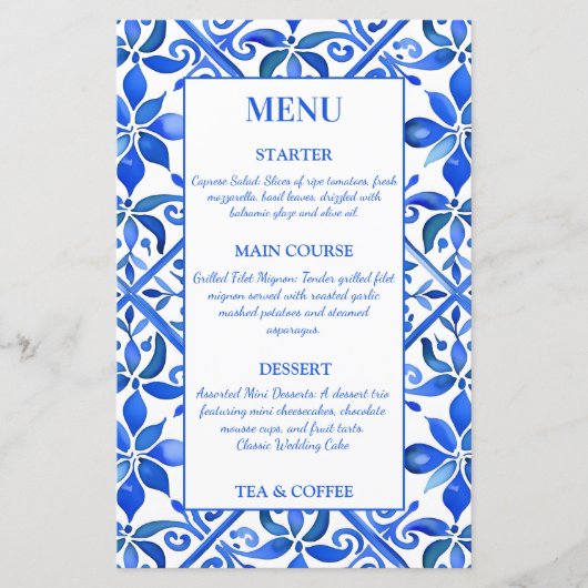 Blue Talavera Spaans tegels bruiloft menu (Voorkant)