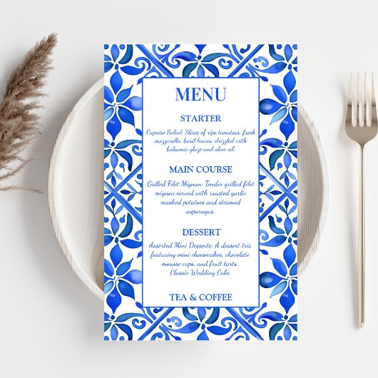 Blue Talavera Spaans tegels bruiloft menu
