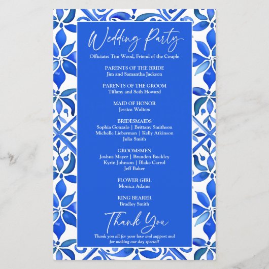 Blue Talavera Spaans tegels bruiloft programma (Achterkant)