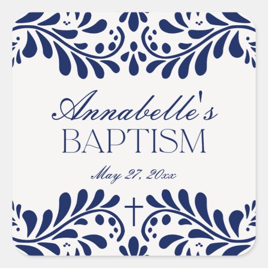 Blue Talavera Tegel Spaans Fiesta Doopgunst Vierkante Sticker (Voorkant)