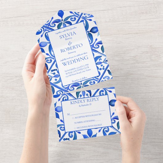 Blue Talavera tegels bruiloft All In One Uitnodiging (Afscheurbaar)
