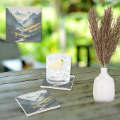 Blue Tan Mountain Scene Stenen Onderzetter