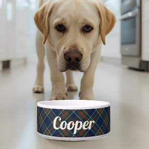 Blue Tartan Plaid Persoonlijke Naam Hond Voerbakje