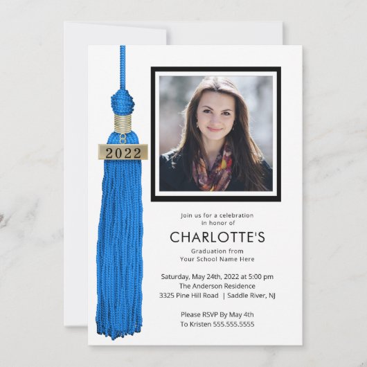 Blue Tassel Photo Afstuderen Invitation Kaart (Voorkant)