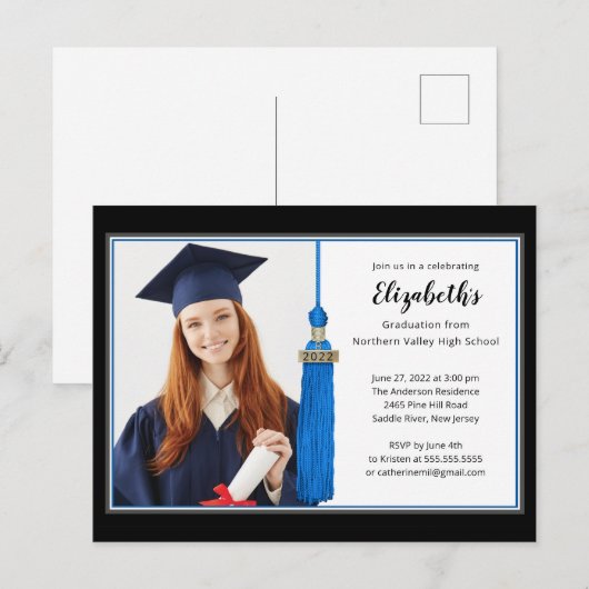 Blue Tassel Photo Gradution Party Uitnodiging Briefkaart (Voorkant / Achterkant)