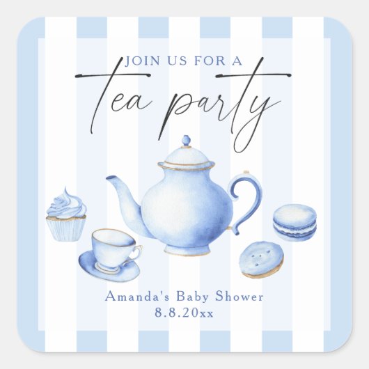 Blue Tea Party Baby shower Vierkante Sticker (Voorkant)