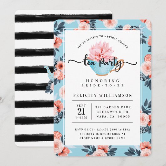Blue Teacup Tea Party Bridal Douche Invitation (Devant / Derrière)