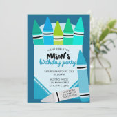 Blue & Teal Crayon Birthday Party Invitation (Debout devant)