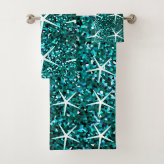Blue Teal Sparkle Ombre Glittery Starfish Patterns Bad Handdoek