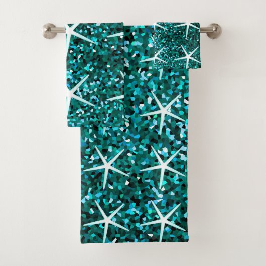Blue Teal Sparkle Ombre Glittery Starfish Patterns Bad Handdoek (Insitu)