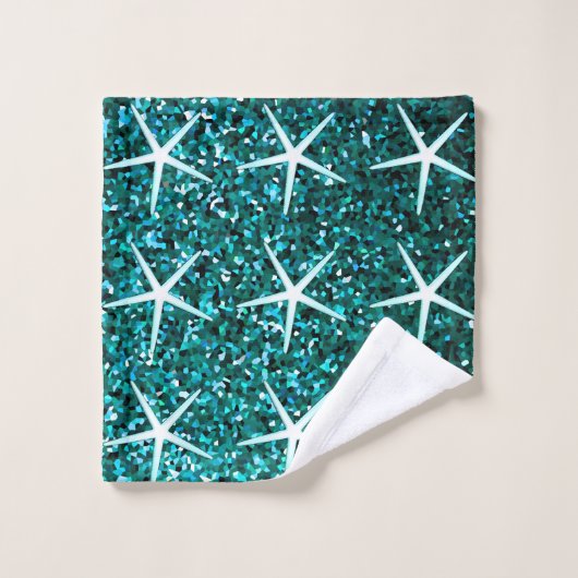 Blue Teal Sparkle Ombre Glittery Starfish Patterns Bad Handdoek (Wasdoekje)