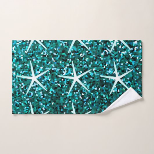 Blue Teal Sparkle Ombre Glittery Starfish Patterns Bad Handdoek (Handdoek)