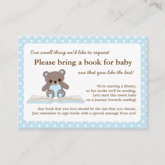 Blue Teddy Baby shower Book Insert Request Kaart (Voorkant)