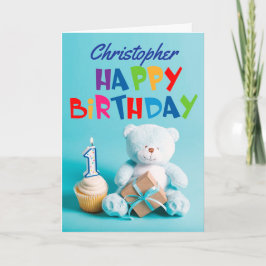 Blue Teddy Bear 1st Birthday Kaart