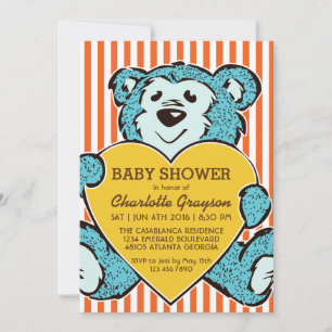 Blue Teddy Bear and Love Baby shower Invitation Kaart