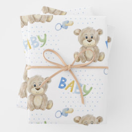 Blue Teddy Bear Baby Boy Waterverf Baby shower Inpakpapier Vel