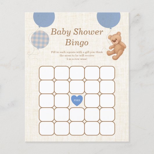 Blue Teddy Bear Baby shower Bingo Game (Voorkant)