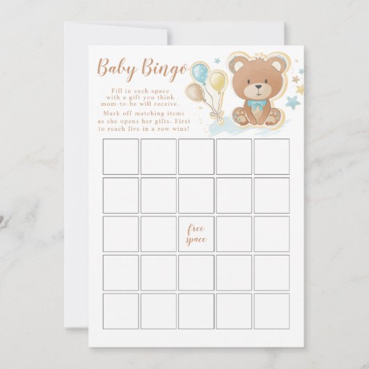 Blue Teddy Bear Baby shower Bingo Game Kaart (Voorkant)
