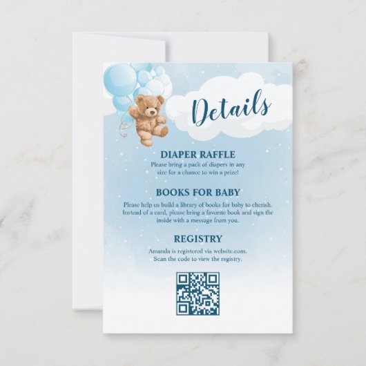 Blue Teddy Bear Baby shower Details Kaart (Voorkant)