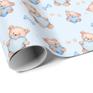 Blue Teddy Bear Baby Shower Giftwrapping Paper Cadeaupapier