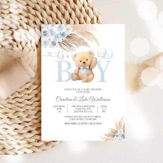 Blue Teddy Bear Baby Shower Invitation