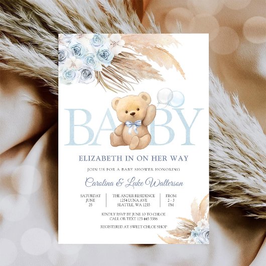 Blue Teddy Bear Baby Shower Invitation