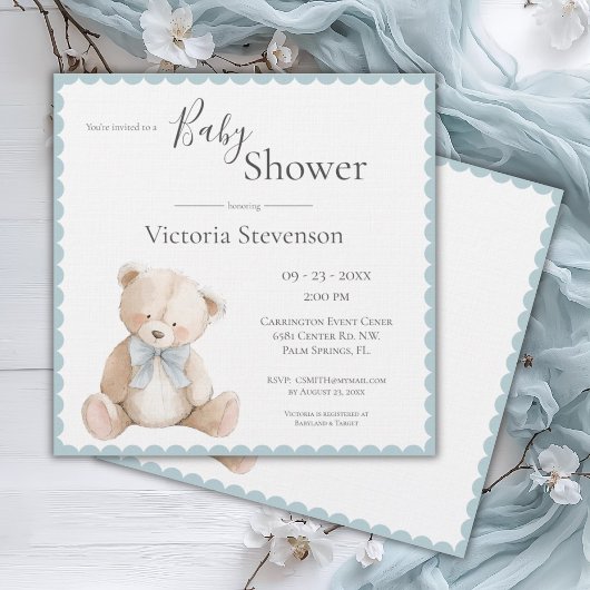 Blue Teddy Bear Baby Shower Invitation