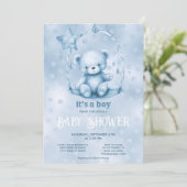 Blue Teddy Bear Baby shower Invitation Kaart (Staand voorkant)