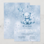 Blue Teddy Bear Baby shower Invitation Kaart (Voorkant / Achterkant)