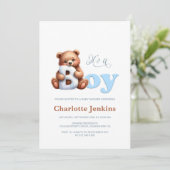 Blue Teddy Bear Baby shower Invitation Kaart (Staand voorkant)