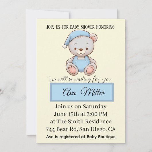 Blue Teddy Bear Baby Shower Invitation | Kaart (Voorkant)