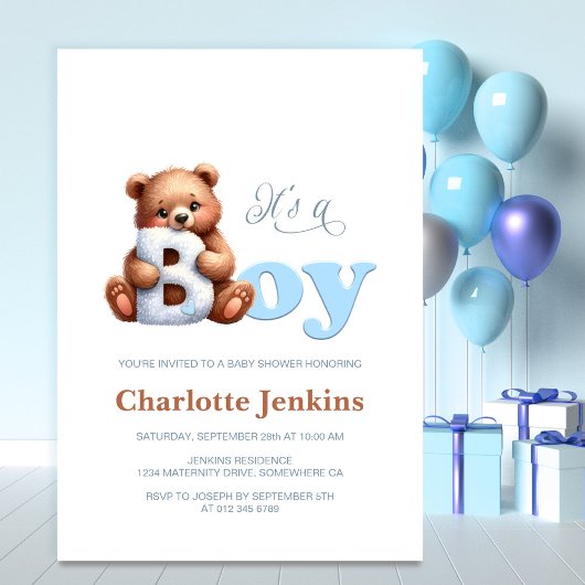 Blue Teddy Bear Baby shower Invitation Kaart