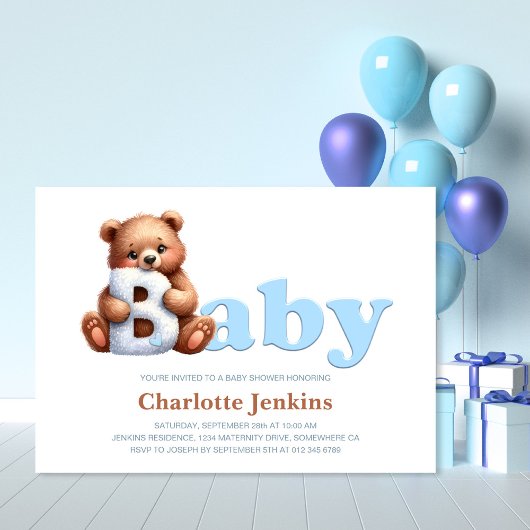 Blue Teddy Bear Baby shower Invitation Kaart